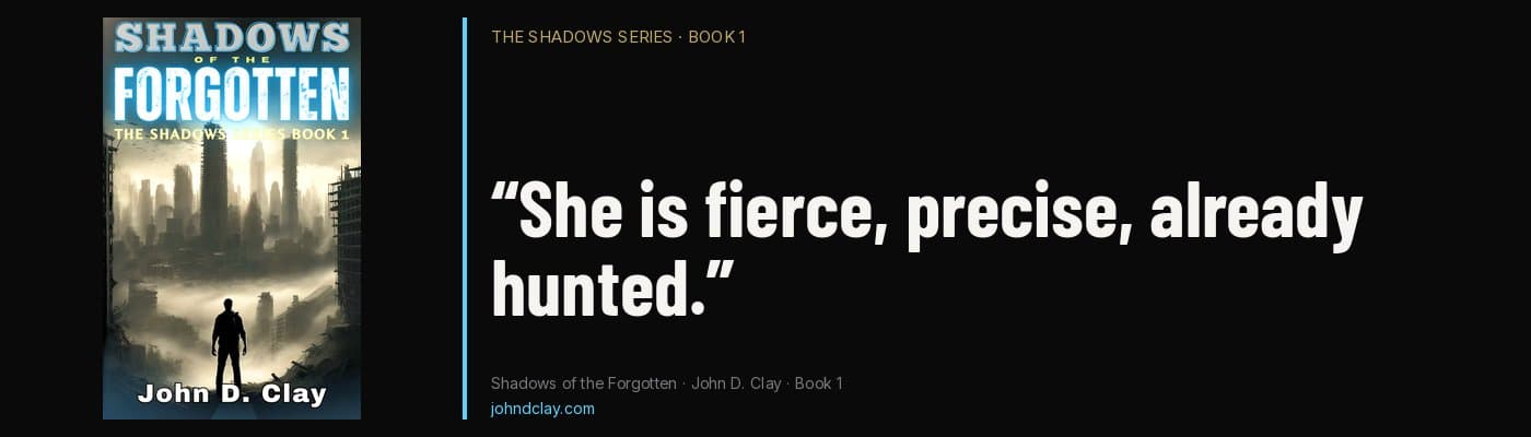 Quote from Shadows of the Forgotten by John D. Clay: “She is fierce, precise, already hunted.” Links to the books page.
